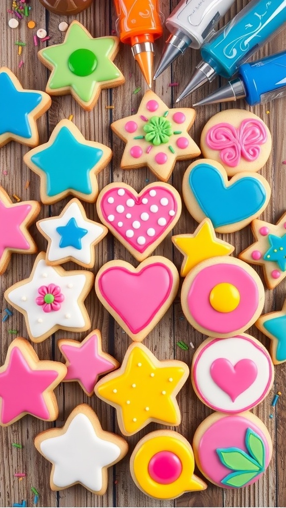 Decorated cookies with colorful royal icing designs on a wooden table.